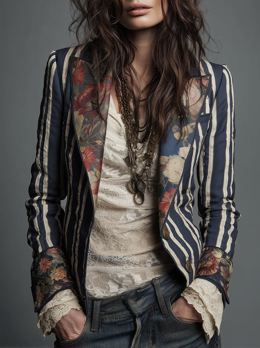 Blazer a righe con fiori in tessuto di cotone e lino