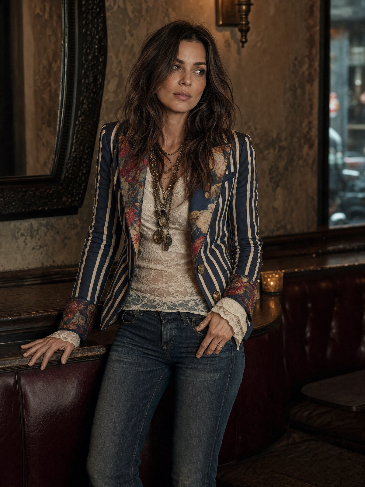Blazer a righe con fiori in tessuto di cotone e lino
