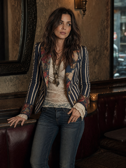 Blazer a righe con fiori in tessuto di cotone e lino