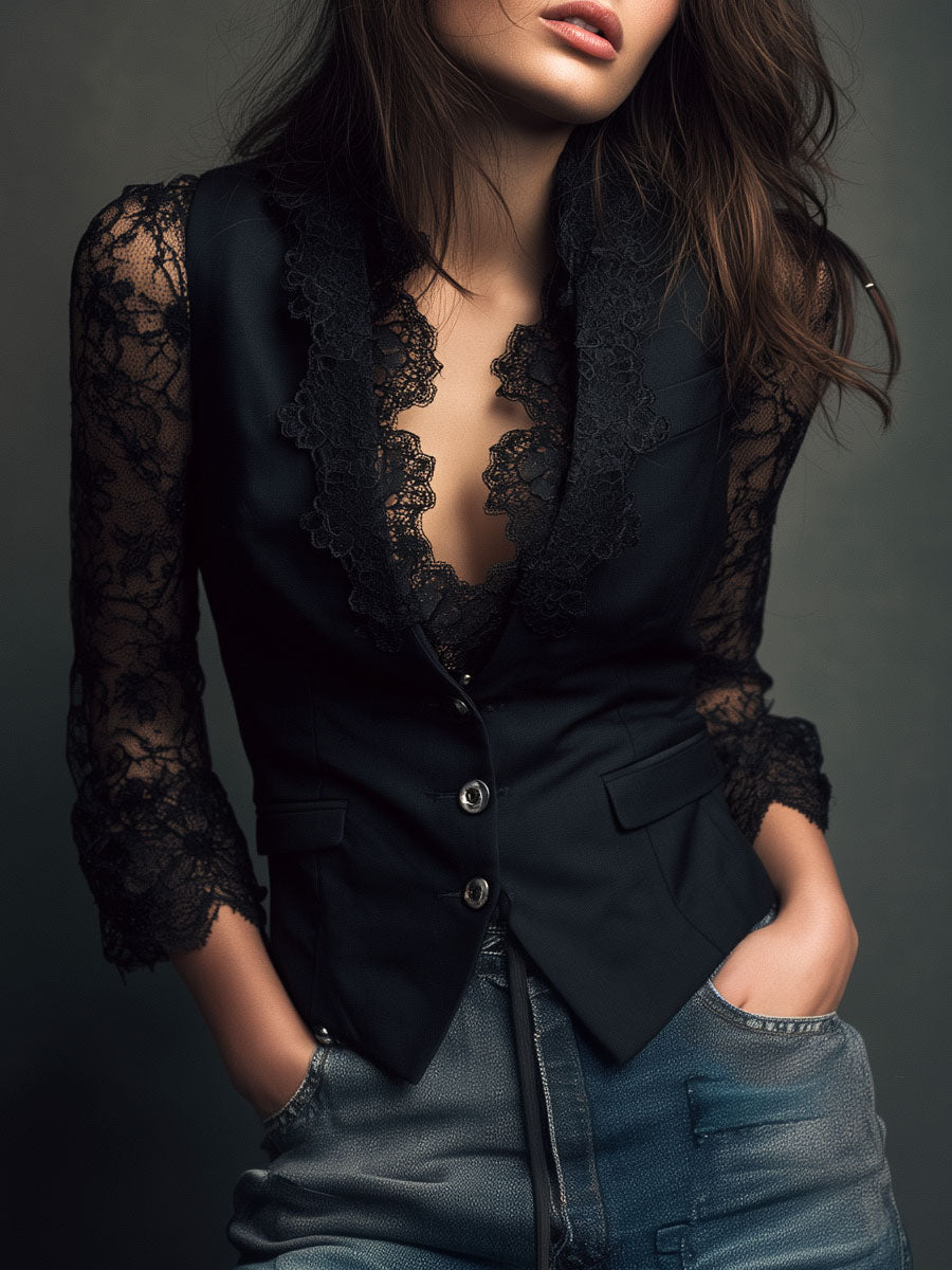 Claudine | Top Blazer Nero con Maniche Semi-Trasparenti