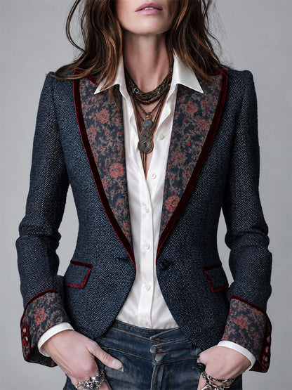Blazer retrò in denim con motivo tappeto e polsino in velluto floreale