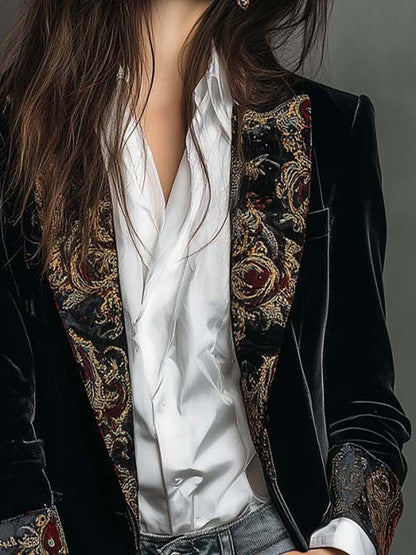 Leonor | Blazer Sciancrato con Stampa Barocca Nera