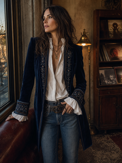 Giubbotto lungo vintage sartoriale blu navy in poliestere e velluto
