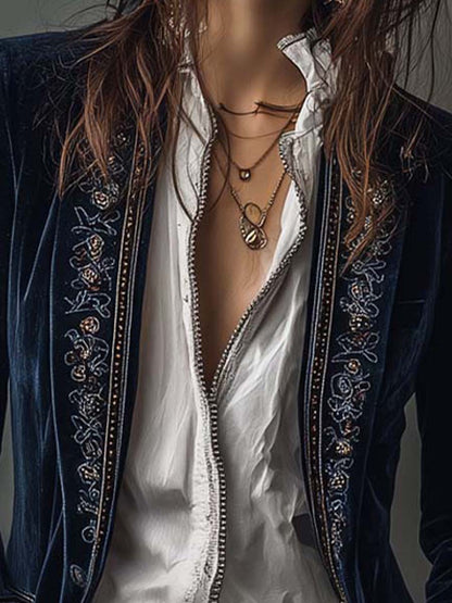 Adriana | Giacca Lunga Ricamata Vintage Blu Navy