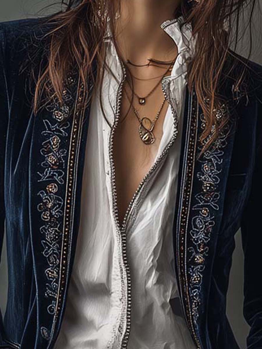 Giubbotto lungo vintage sartoriale blu navy in poliestere e velluto