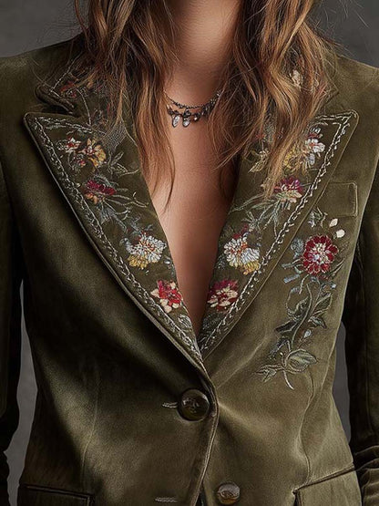 Blazer in velluto color oliva con ricamo floreale