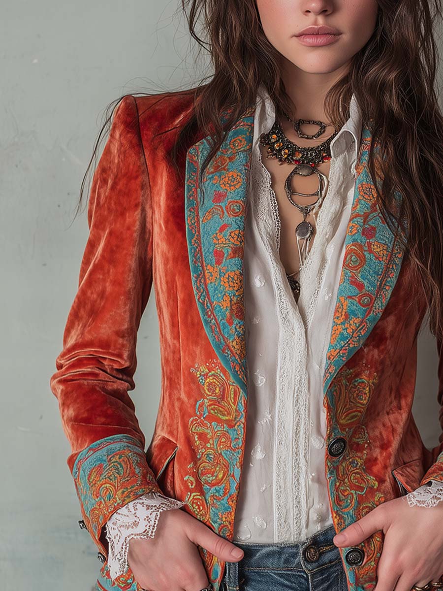 Blazer retrò in velluto di poliestere con stampa a contrasto