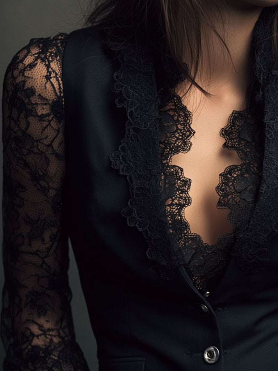 Claudine | Top Blazer Nero con Maniche Semi-Trasparenti