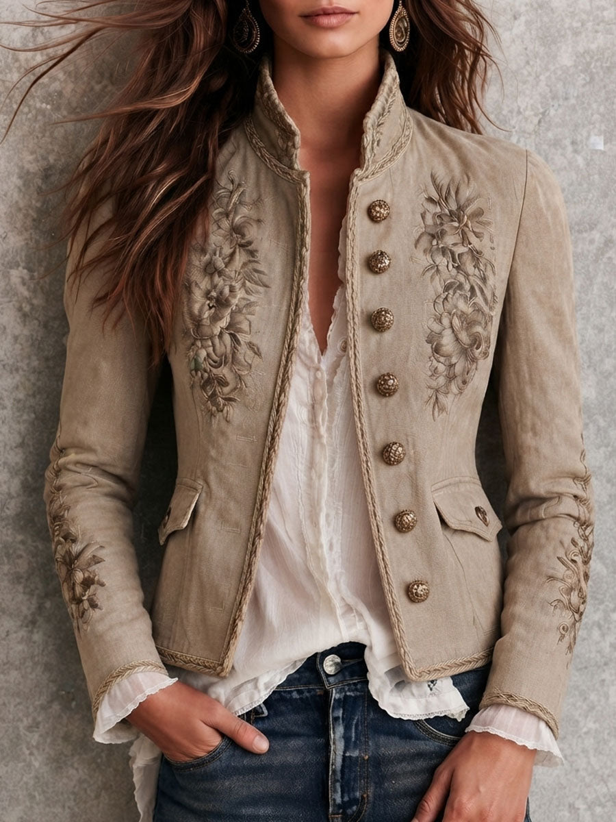 Cardigan retrò beige con collo alla coreana e motivo floreale