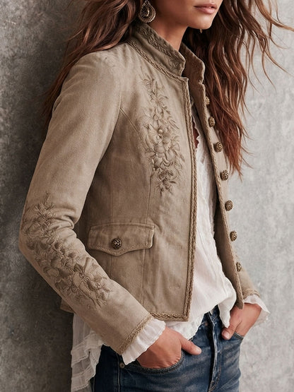 Cardigan retrò beige con collo alla coreana e motivo floreale