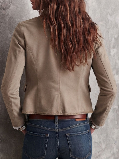 Cardigan retrò beige con collo alla coreana e motivo floreale