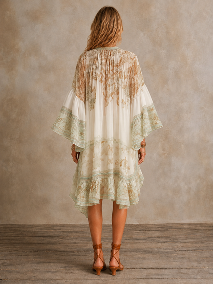 Mirabel | Mini Abito Boho Avorio con Orlo Asimmetrico