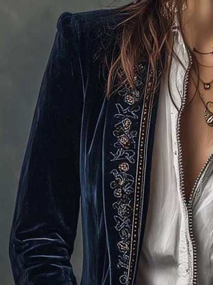 Athénaïs | Cappotto Lungo Vintage Ricamato Blu Navy