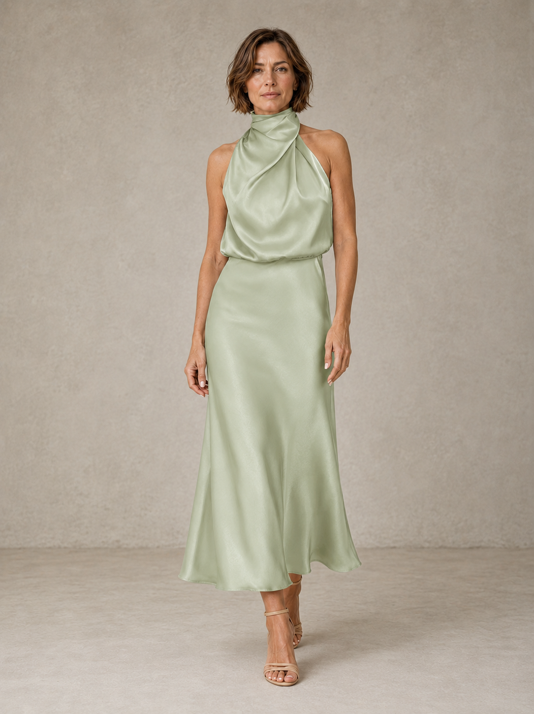 Sabine | Abito Midi in Raso Verde Petrolio Drappeggiato con Collo all'Americana