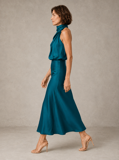 Sabine | Abito Midi in Raso Verde Petrolio Drappeggiato con Collo all'Americana