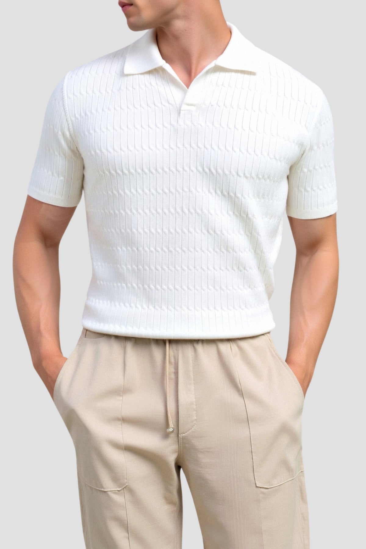 Polo in maglia bianco con motivo testurizzato