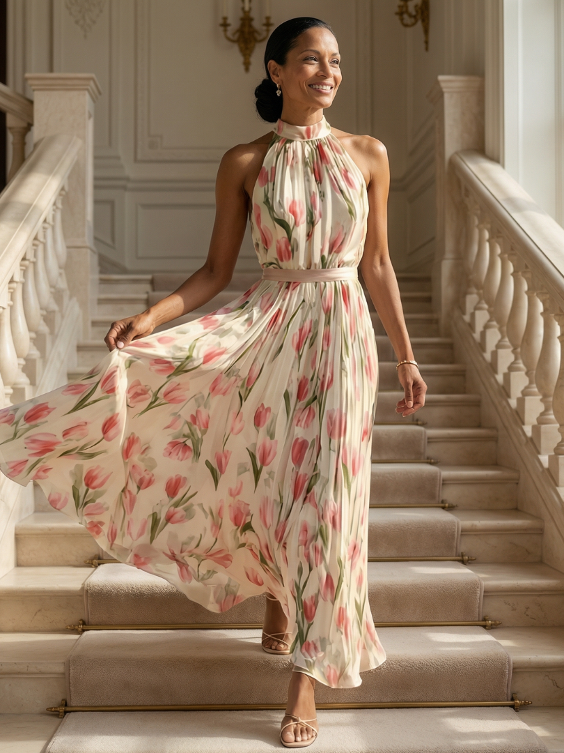 Abito midi a fiori con scollo all'americana Aurelle