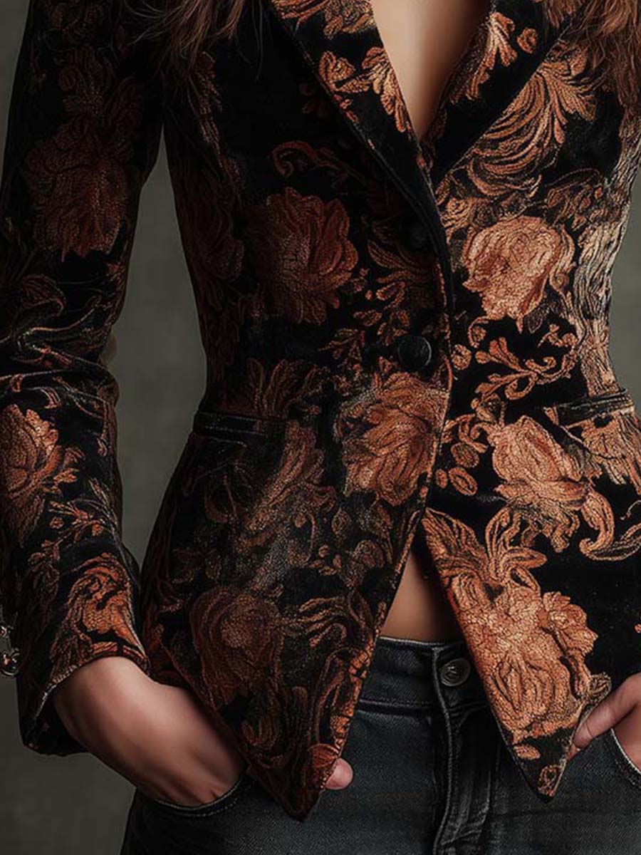 Bertille | Blazer Tailleur con Stampa Floreale Nero e Bronzo