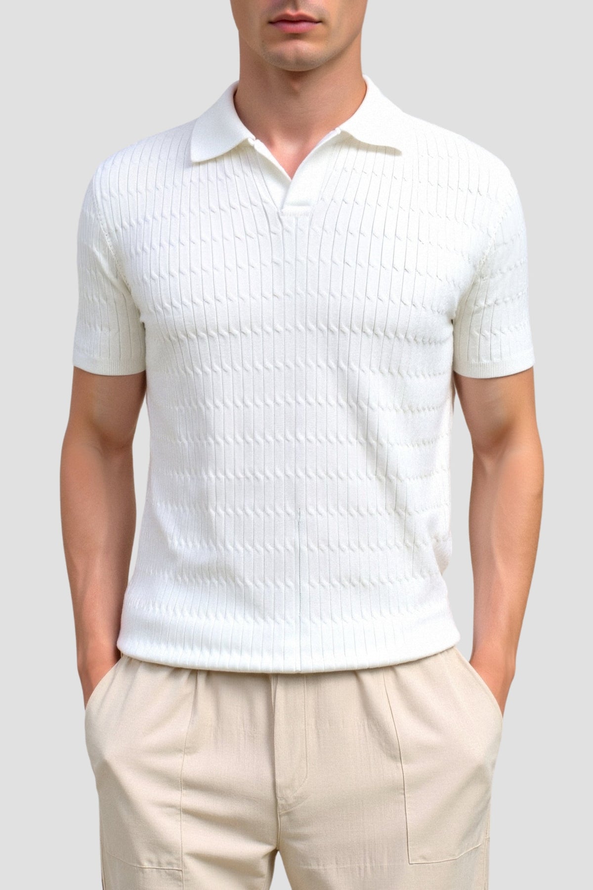 Polo in maglia bianco con motivo testurizzato