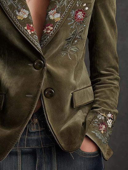 Blazer in velluto color oliva con ricamo floreale