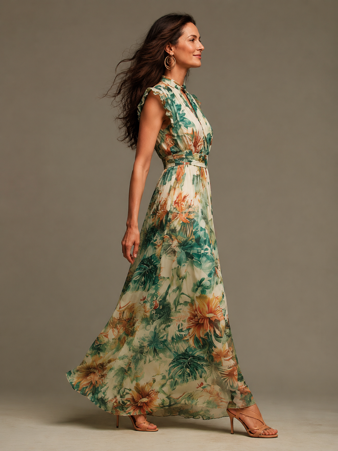 Vittoria | Abito in Chiffon con Stampa Tropicale Dipinta