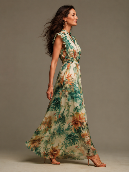 Vittoria | Abito in Chiffon con Stampa Tropicale Dipinta