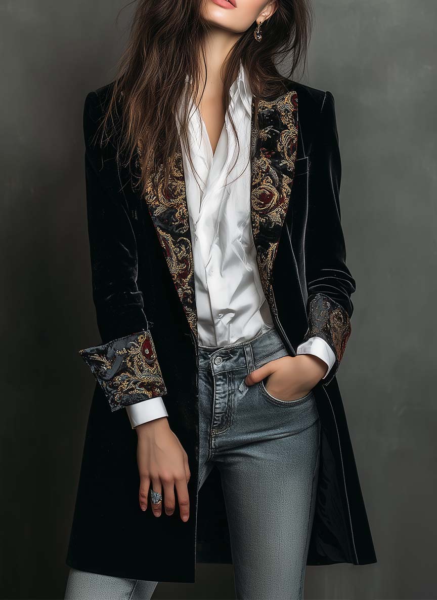 Leonor | Blazer Sciancrato con Stampa Barocca Nera