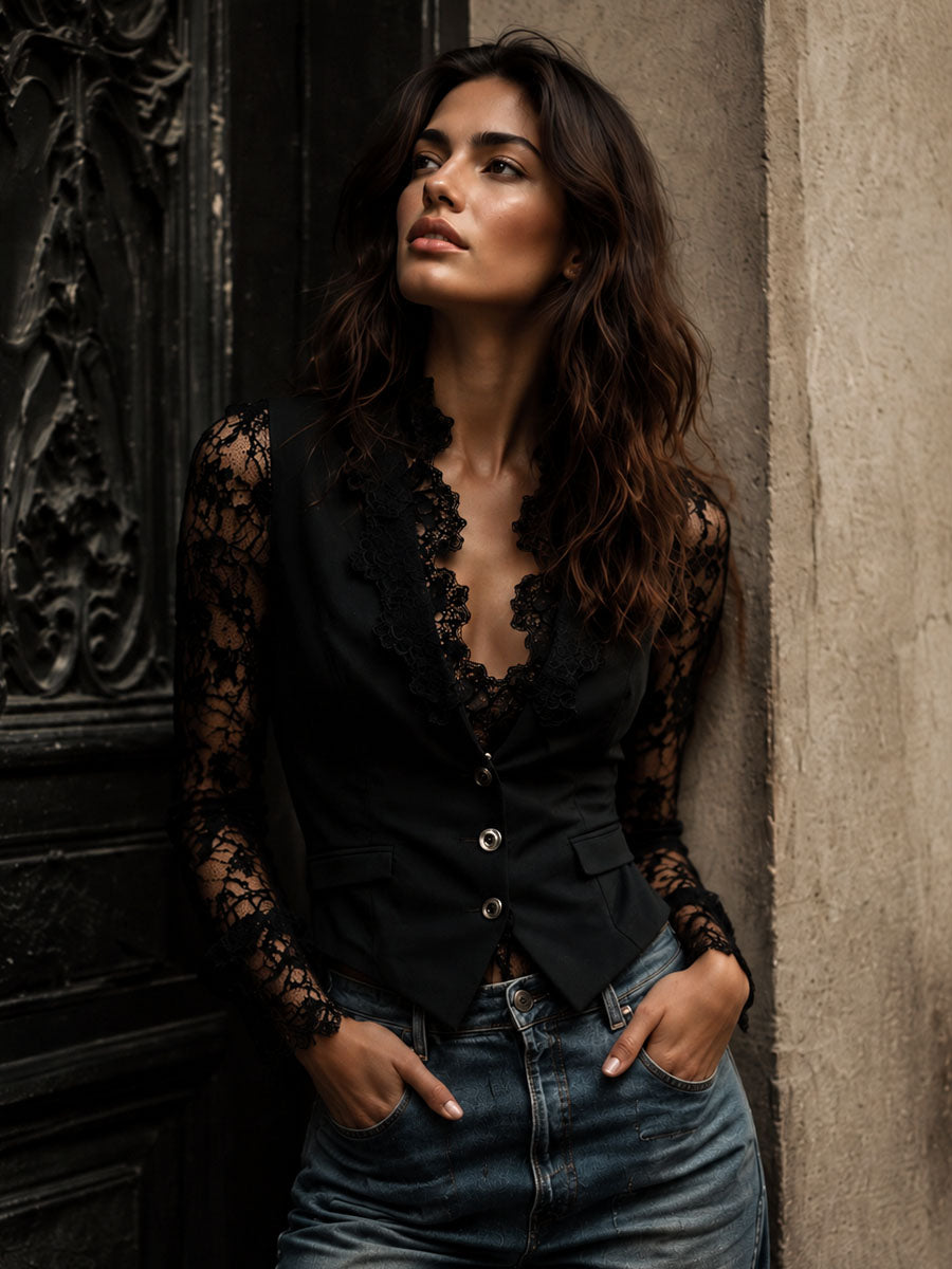 Claudine | Top Blazer Nero con Maniche Semi-Trasparenti