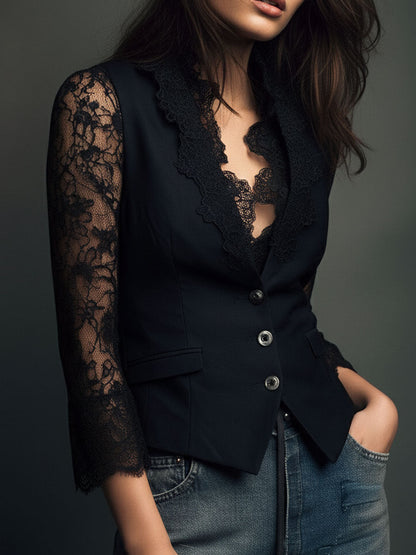 Claudine | Top Blazer Nero con Maniche Semi-Trasparenti