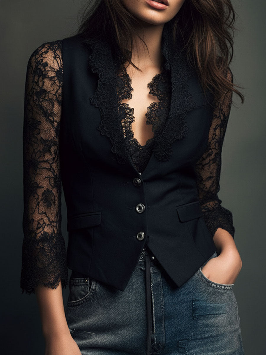 Claudine | Top Blazer Nero con Maniche Semi-Trasparenti