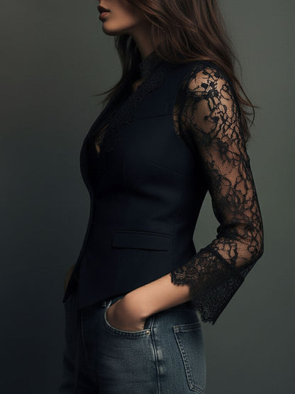 Claudine | Top Blazer Nero con Maniche Semi-Trasparenti