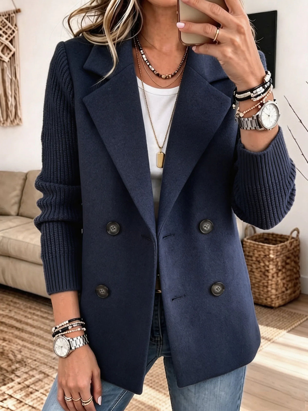 Carmela | Blazer Doppiopetto con Maniche in Maglia a Coste