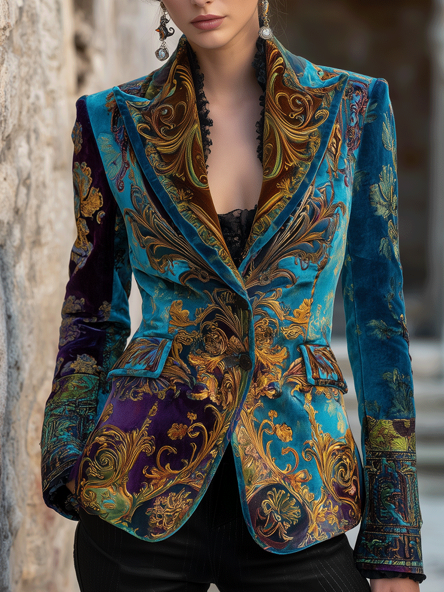 Blazer sartoriale bohémien di lusso in velluto in stile barocco