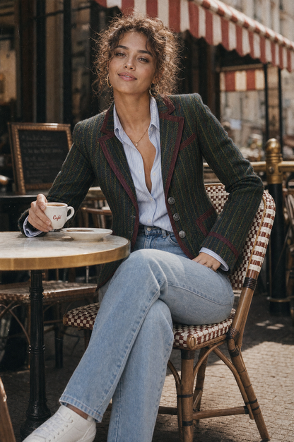 Blazer retrò a righe in lana con rifinitura a contrasto