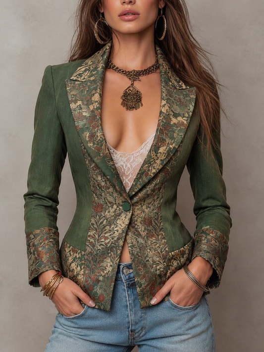 Giacca aderente color oliva con revers e polsini in arazzo floreale vintage
