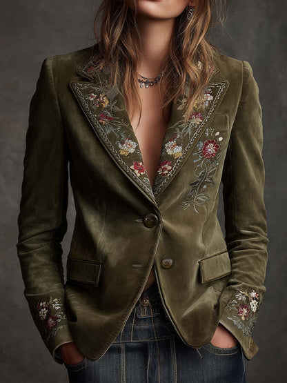 Blazer in velluto color oliva con ricamo floreale