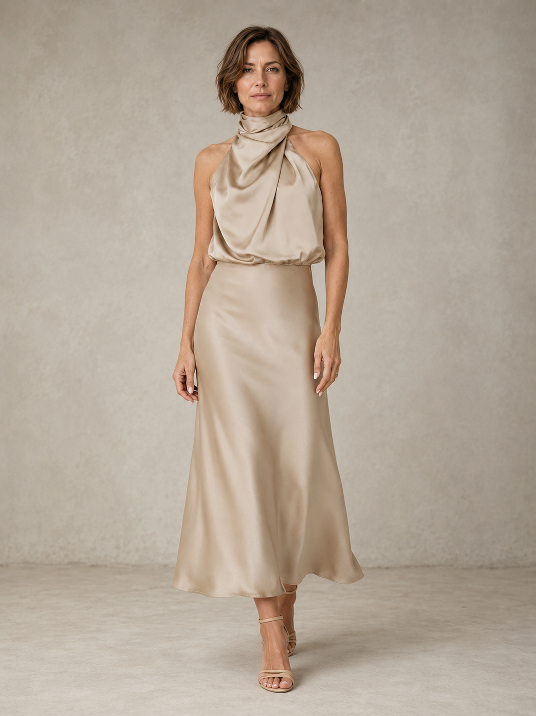 Sabine | Abito Midi in Raso Verde Petrolio Drappeggiato con Collo all'Americana