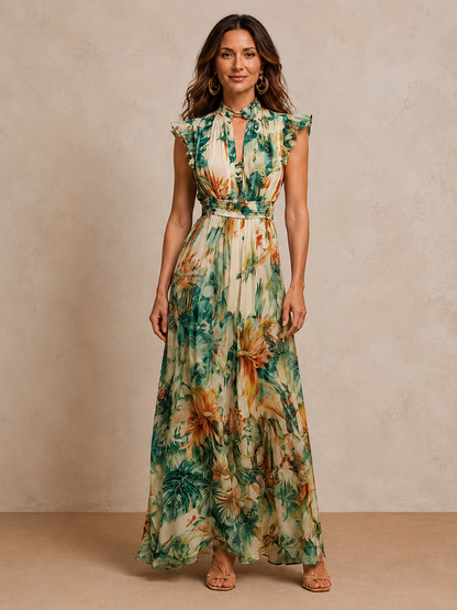 Vittoria | Abito in Chiffon con Stampa Tropicale Dipinta