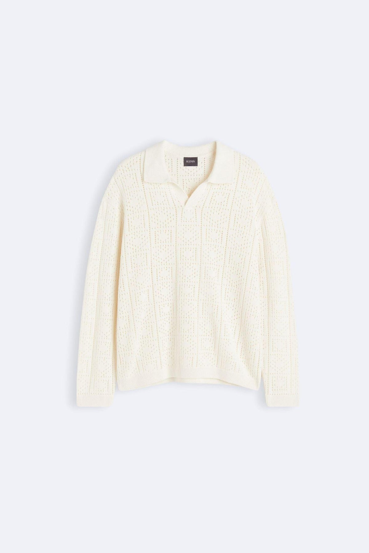 Elegante maglione lavorato a maglia e all'uncinetto con colletto polo