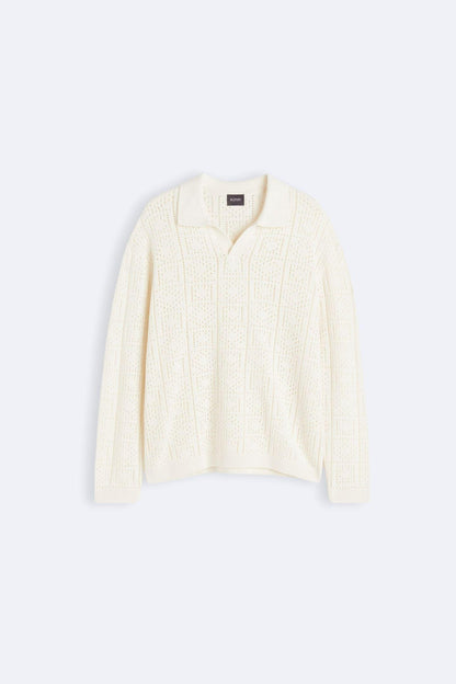Elegante maglione lavorato a maglia e all'uncinetto con colletto polo