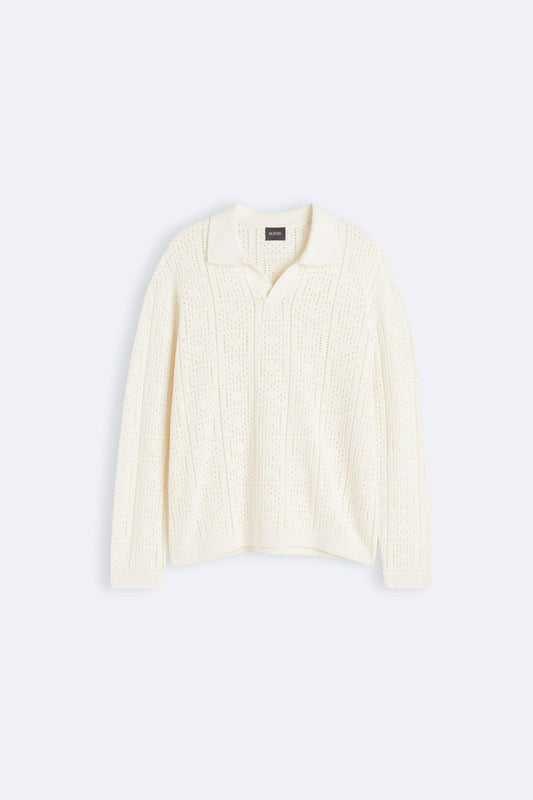 Elegante maglione lavorato a maglia e all'uncinetto con colletto polo