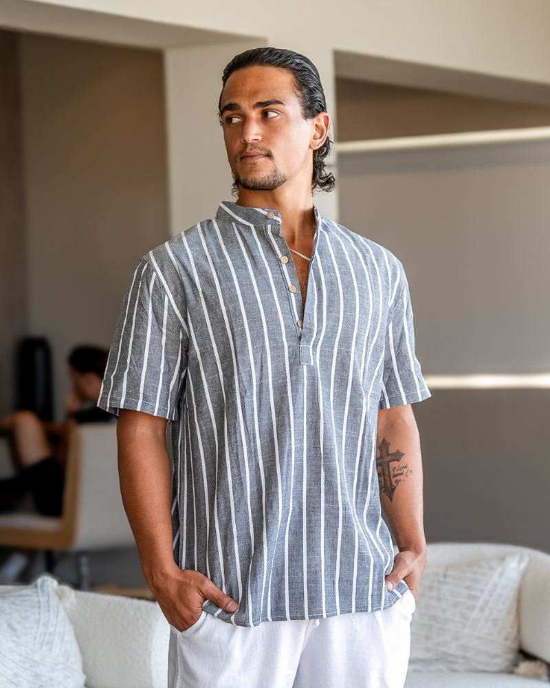 Charles | Camicia in Lino a Righe da Uomo con Collo alla Coreana