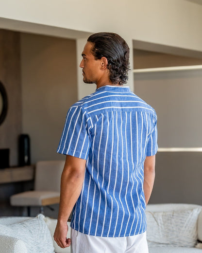 Charles | Camicia in Lino a Righe da Uomo con Collo alla Coreana