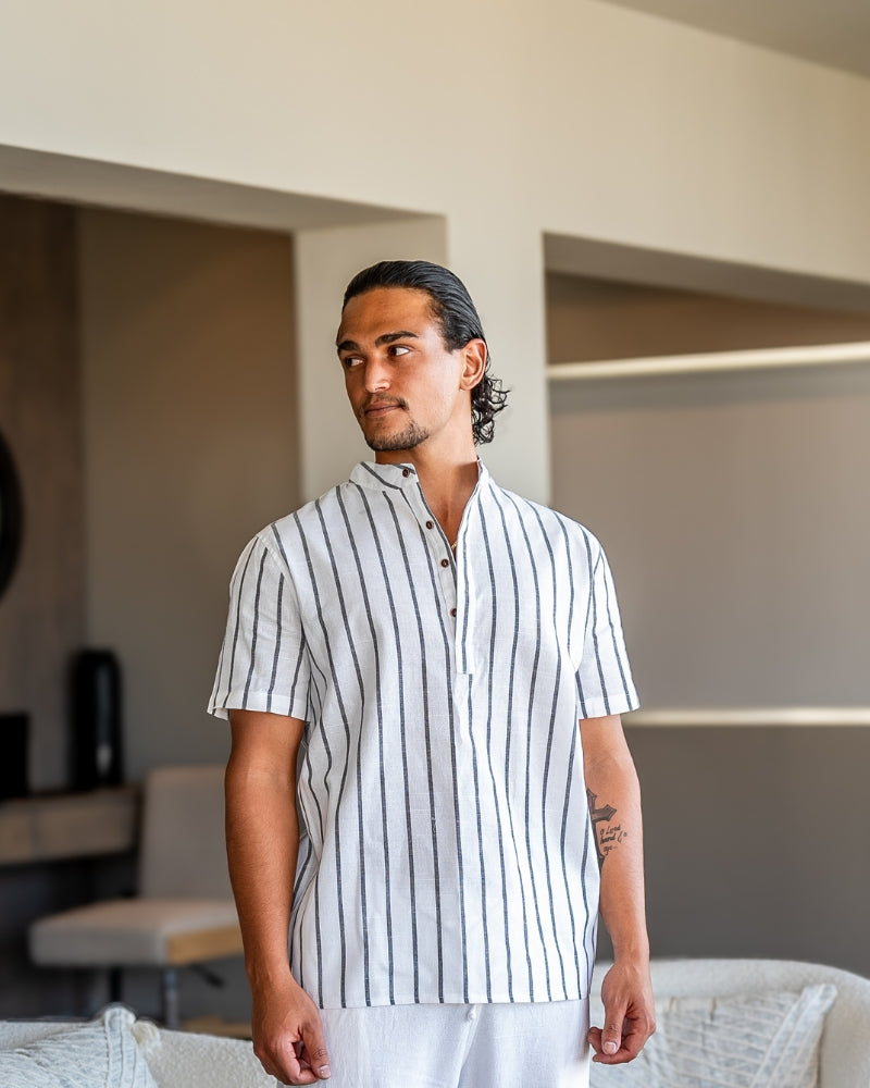 Charles | Camicia in Lino a Righe da Uomo con Collo alla Coreana