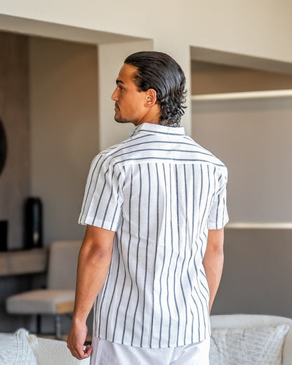 Charles | Camicia in Lino a Righe da Uomo con Collo alla Coreana