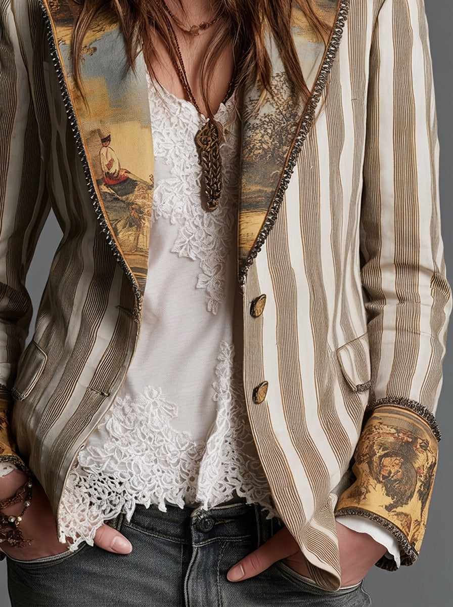Sara - Blazer bohémien a righe con colletto stampato