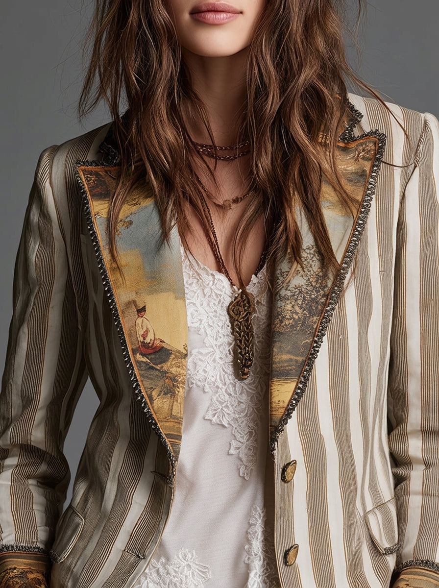 Sara - Blazer bohémien a righe con colletto stampato