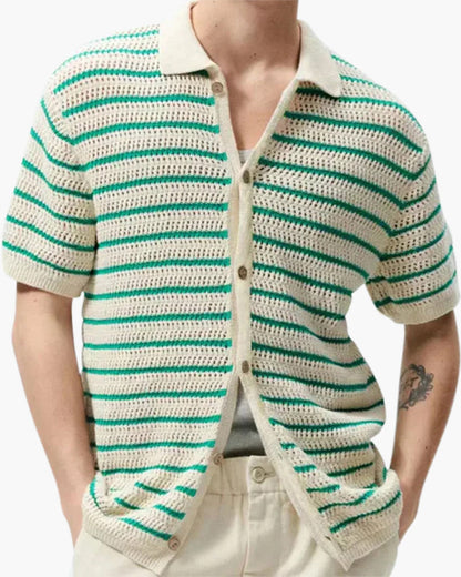 Weston | Camicia estiva da uomo in crochet a righe verdi con chiusura a bottoni