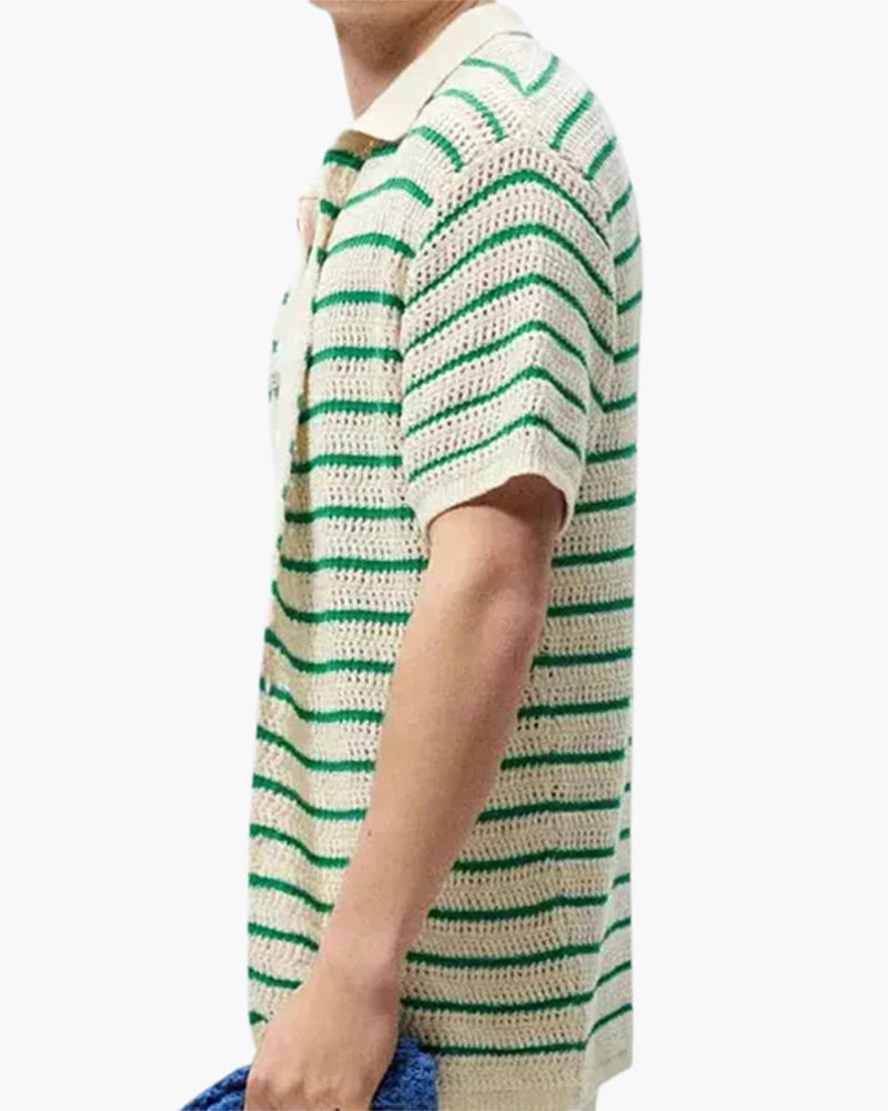 Weston | Camicia estiva da uomo in crochet a righe verdi con chiusura a bottoni