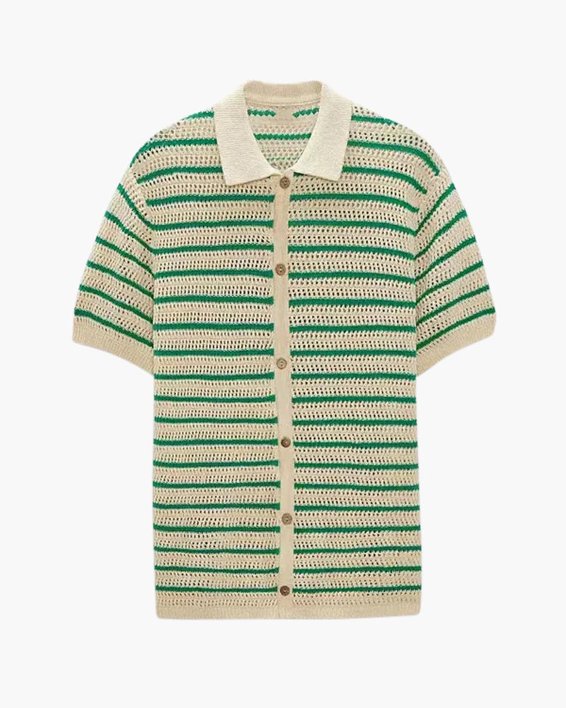 Weston | Camicia estiva da uomo in crochet a righe verdi con chiusura a bottoni